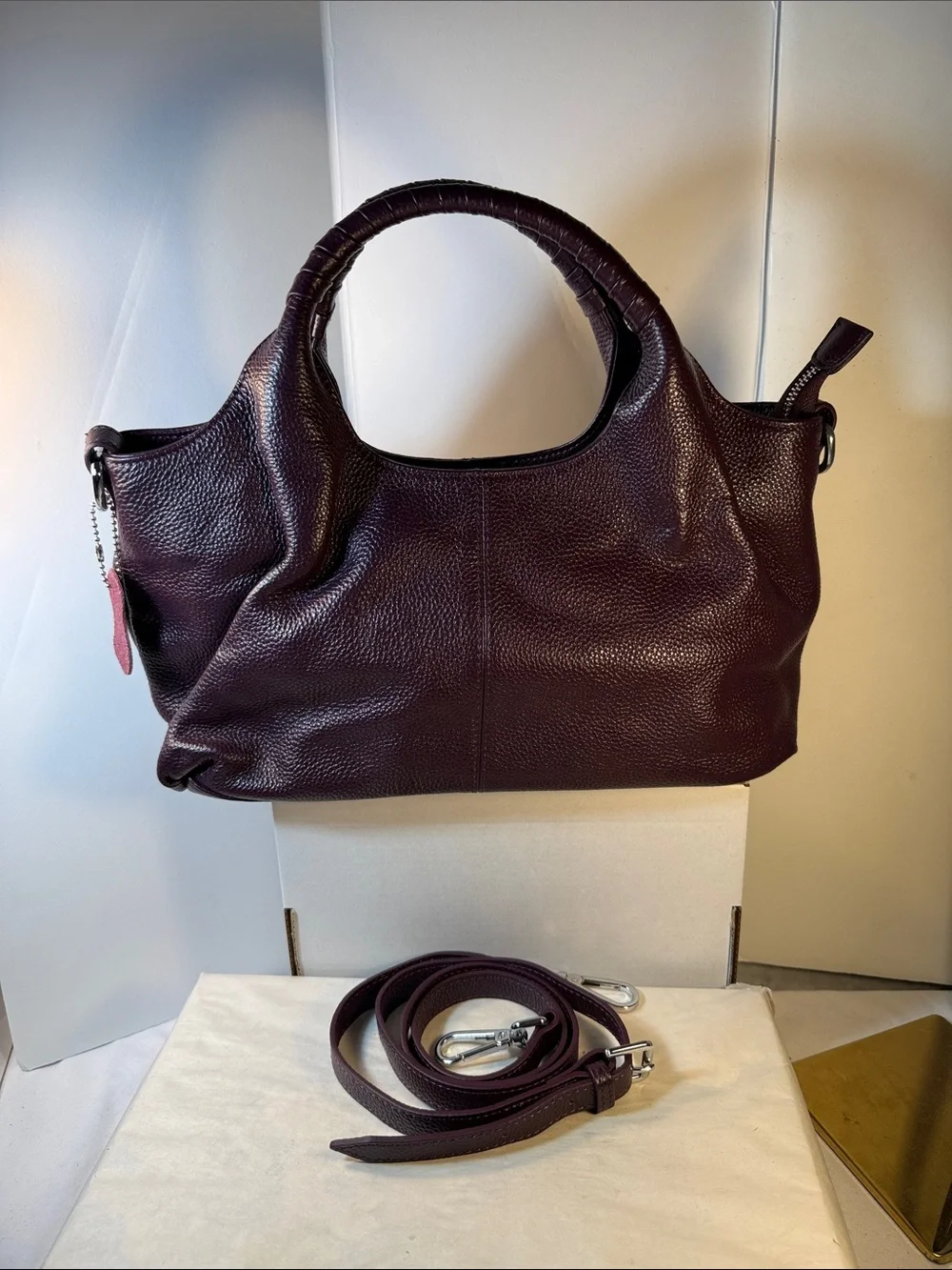Pebbled Leather Shoulder Satchel in Deep Plum